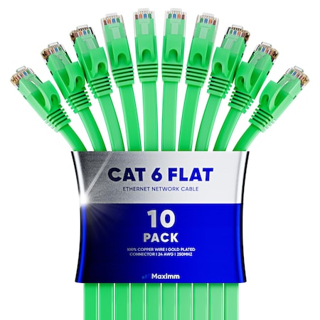 Maximm Cat6 Flat Ethernet Cable 100ft, 10PK, Green, 10PK CAT6F-100FTGREEN10PK