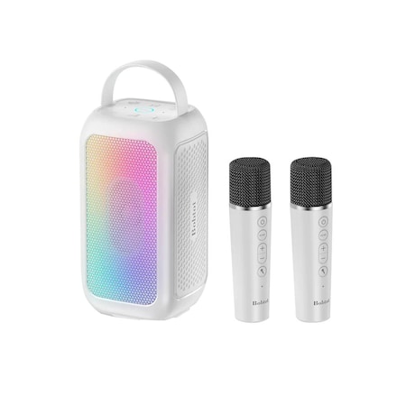 Bobtot Compact Karaoke Machine, White, 40W sound, 2 wireless mics, 16H play time, waterproof 803779