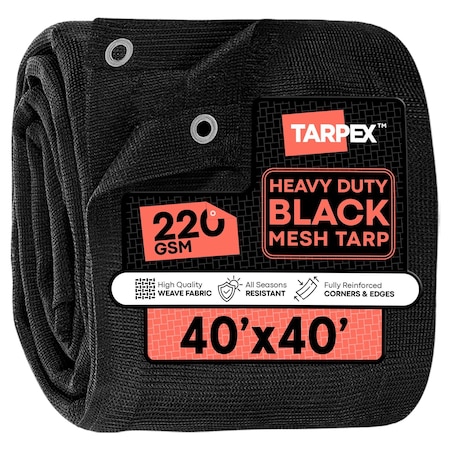 Tarpex Heavy Duty Mesh Tarp, 40 ft x 40 ft, 220 GSM, Black, Polyethylene BMT-TA-4040