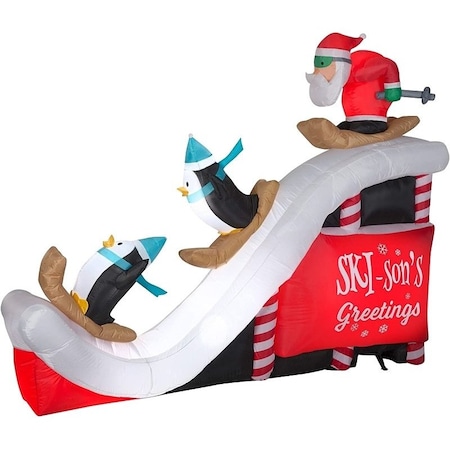 Santas Forest Inflatable Santa & Penguin Ski Jump, 7 ft H, Polyester, Red/White 90816