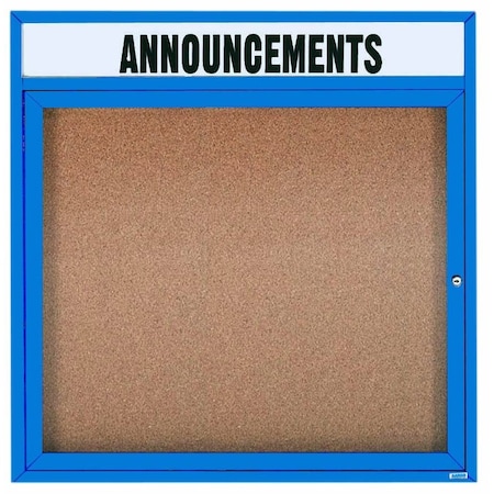 Aarco Enclosed Natural Pebble Grain Cork Bulletin Board w/ Header Blue Powder Coated Al Frame, 36''Hx36''W DCC3636RHB