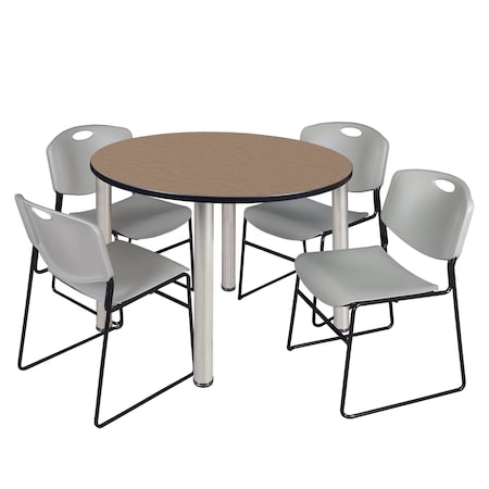 Regency Round Kee Breakroom Table W/ 4 Zeng Stack Chairs, 48 in W, 48 in L, Noble Oak TB48RNDNOBPCM44GY