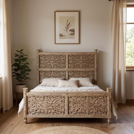 Homeroots Gray Carved Floral Solid Wood King Bed Frame 521083