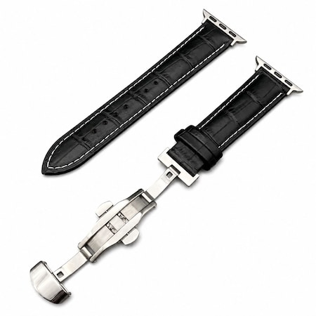 Elegani Alligator Leather Band Compatible with Apple Watch 42mm (S10), Black/White, Yellow Gold Buckle LAD-BLKWHT-YGD-42S10