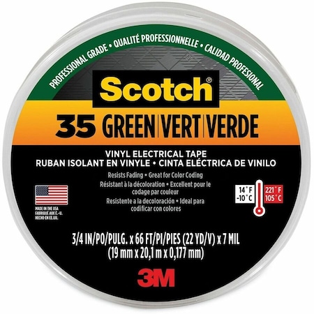 3M Vinyl Electrical Tape, 35, Scotch, 3/4 in W x 66 ft L, 7 mil thick, Green 10851