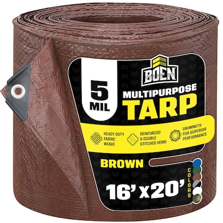 Boen All Purpose Tarp, 16 ft x 20 ft, 5 Mil, Brown, Polyethylene BR5T-1620