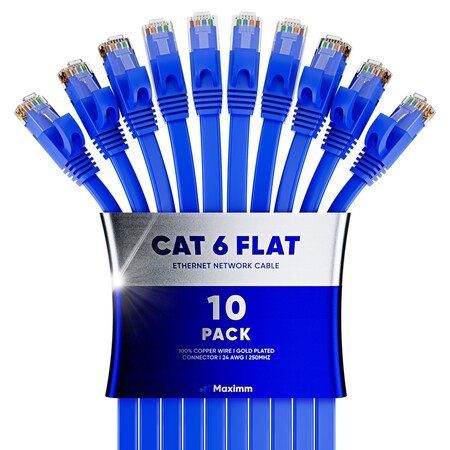Maximm Cat6 Flat Ethernet Cable 30ft, 10PK, Blue, 10PK CAT6F-30FTBLUE10PK