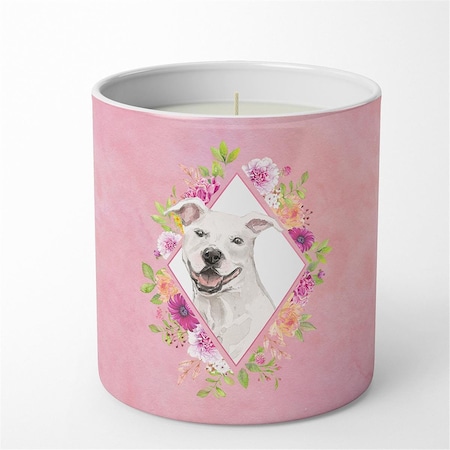 Carolines Treasures 10 oz White Pit Bull Terrier Pink Flowers Decorative Soy Candle CK4268CDL
