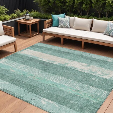 Homeroots 9' X 12' Pale Aqua And Teal Blue Striped Washable Indoor Outdoor Area Rug 617852