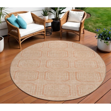Homeroots 8' Peach And Beige Round Geometric Washable Indoor Outdoor Area Rug 610843