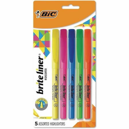Bic Brite Liner Highlighter with Pocket Clip, Chisel Tip, Assorted Ink, 5/Set BLP51WASST