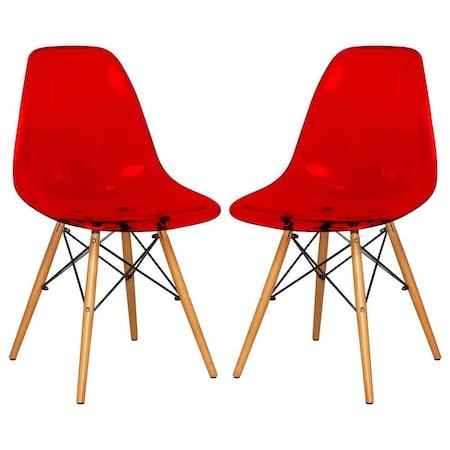 Leisuremod Dover Plastic Dining Side Chair with Wooden Legs, Transparent Red, 2PK EP19TR2