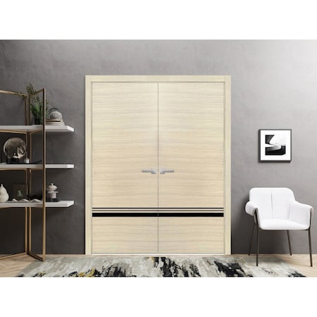 Sartodoors Planum Solid French Double Doors, Planum 0012 Natural Veneer and Aluminum Strips, Wood Solid Panel PLANUM0012DD-SHP-36