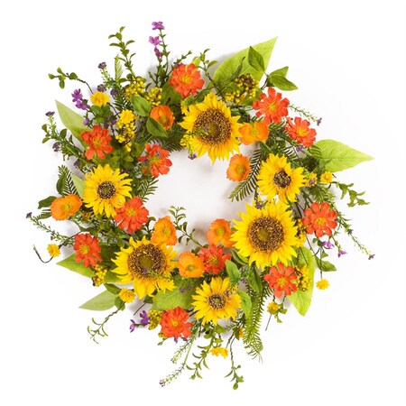 Homeroots 22" Green And Yellow Summer Sunflower Artificial Wreath 516078