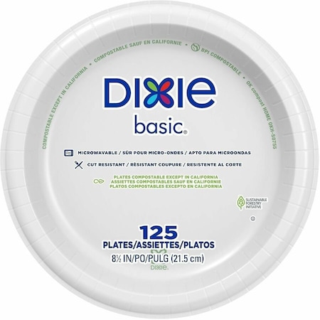 Dixie Paper Dinnerware, Plate, 8.5" dia, White, 125PK DBP09W