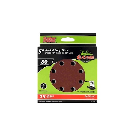 Gator Finishing Sanding Disc, 5 in Dia, 80 Grit, Medium, Aluminum Oxide Abrasive, Vented Red, 15PK 4142
