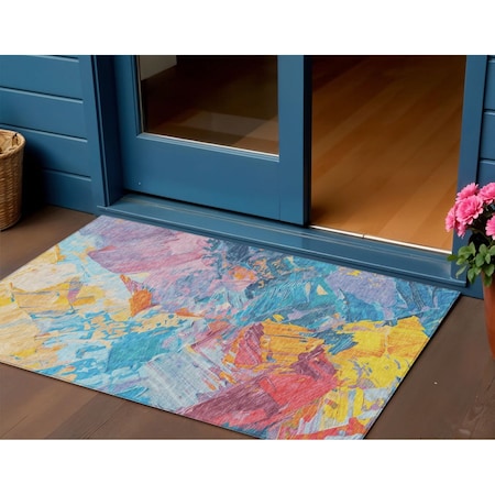 Homeroots 3' X 5' Blue Yellow Pink And Orange Abstract Washable Indoor Outdoor Area Rug 618532