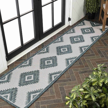 Jonathan Y Lior Geometric Moroccan Diamond Turquoise/Cream 2 ft. x 8 ft. Indoor/Outdoor Runner Rug TSN202E-28
