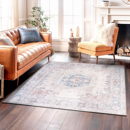 World Rug Gallery Vintage Bohemian Machine Washable Non Slip Area Rug 6 ft 7 in x 6 ft 7 in Square Beige 6024BEIGE6SQ