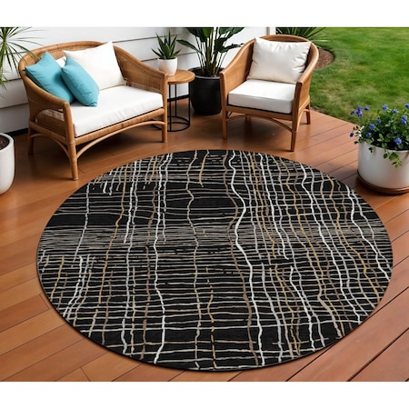 Homeroots 8' Black Ivory And Brown Round Striped Washable Indoor Outdoor Area Rug 597375