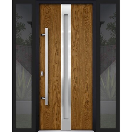 Vdomdoors Steel Door Deux 1744 Natural Oak 2 Sidelight Exterior Black Windows Stainless Inserts Single Modern DEUX1744EXD-OAKB-W12+36+12xH80-RH-O