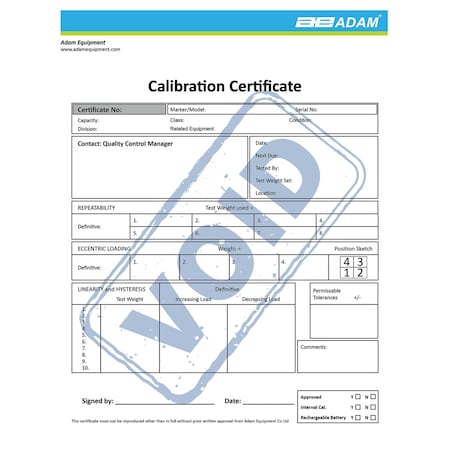 Adam Equipment Calibration certificate for IHS, LHS, AGF 1320a, GFK 1320a, BKT 1320a, PTM 700660288