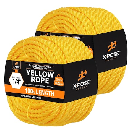 Xpose Safety Yellow Polypropylene Rope, 1/4 in x 100 ft, Floating, Oil & Moisture Resistant, 2PK YPR14-100-2-X-S