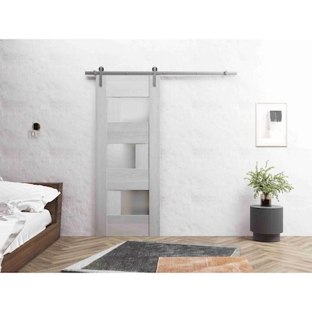 Vdomdoors Sturdy Barn Door 30 x 96in, Light Grey Oak W/ Frosted Glass, SS 6.6FT Rail Hangers Heavy Set SETE6933BD-S-OAK-3096