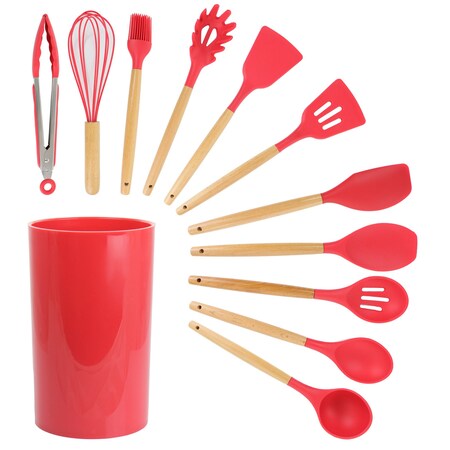 Megachef Red Silicone and Wood Cooking Utensils, Set of 12 MGSP-570