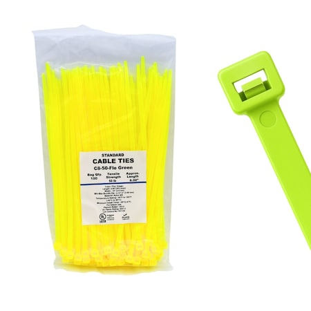 Cable Ties Unlimited Cable Tie, 8 in L, 50 lb Strength, 2.2 in Max Bundle Dia, Nylon 6/6, Fluorescent Green 100PK C8-50-Flo Green