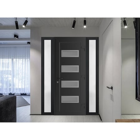 Vdomdoors Front Exterior Prehung Metal-Plastic Door, Manux 8113 Matte Black, 2 Side Sidelite Transoms, Office MANUX8113EXD-BLK-W12+32+12xH80-LH