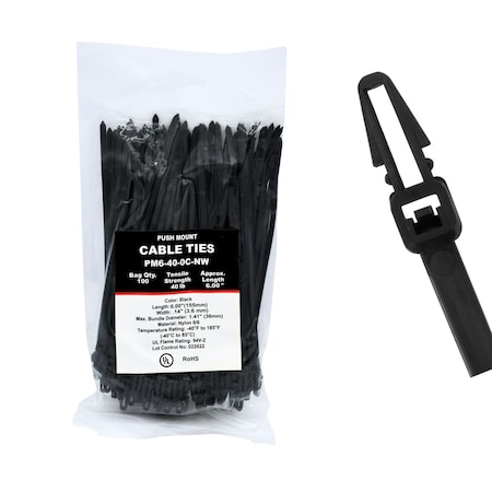Cable Ties Unlimited Push Mount Cable Tie, No Wings, 6 in L, 40 lb Strength, 1.4 in Max Bundle Dia, Nylon, Black, 100PK PM6-40-0C-NW