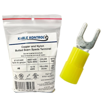 Kable Kontrol Fork Terminal, #8 Stud Size, 10 AWG, Nylon Insulated, Yellow, 100 PK STNY-1210-8-YL
