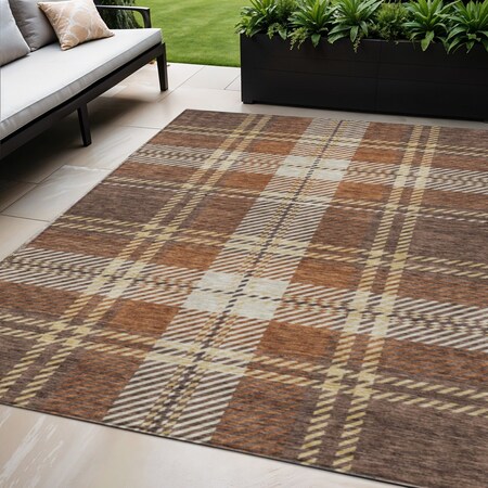 Homeroots 5' X 8' Chocolate Copper And Gold Plaid Washable Indoor Outdoor Area Rug 596322