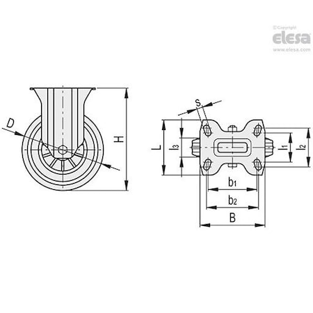 Elesa 449661 Castors steel bracket Vulcanised rubber coating, Fixed plate bracketke 449661