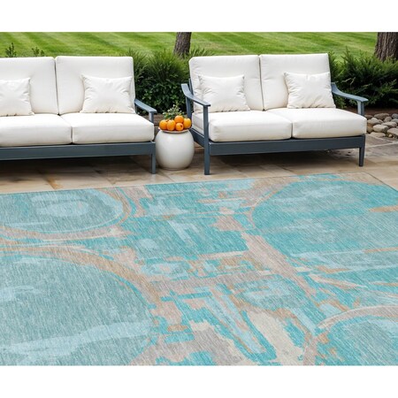 Homeroots 9' X 12' Teal Blue Aqua And Taupe Geometric Washable Indoor Outdoor Area Rug 589438