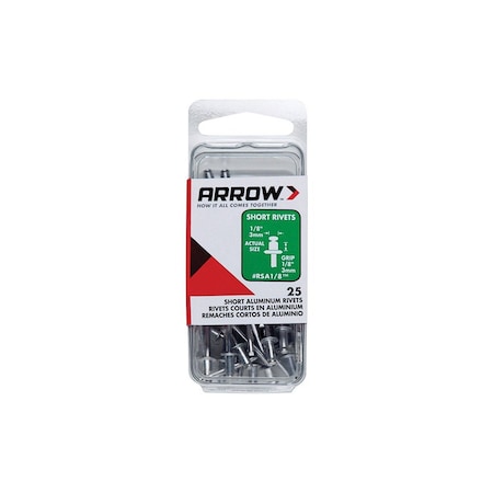 Arrow Pop Rivet, Short, 1/8 in L, Aluminum Silver, 25PK RSA1/8