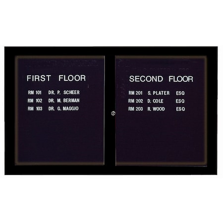 Aarco Illuminated Enclosed Letter Board Directory w/ Powder Coated Black Al Frame, 36''Hx60''W 2 Doors ADC3660IBK