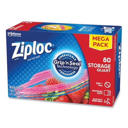 Ziploc Seal Top Bags, Quart, 7.44in x 7in, Clear, 80PK 314471