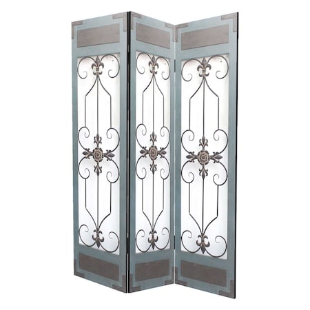 Homeroots 72" Blue Metal Folding Three Panel Screen Room Divider 274609