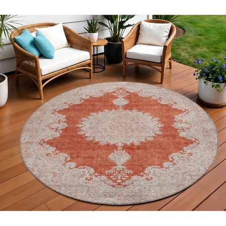 Homeroots 8' Rust And Beige Round Oriental Washable Indoor Outdoor Area Rug 597748