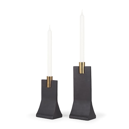 Homeroots Set of Two Black And Gold Distressed Hammered Metal Tabletop Taper Candle Holders, 2PK 608537