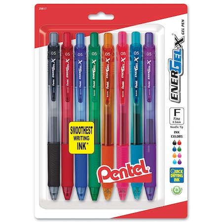 Pentel EnerGel-X Retractable Liquid Gel Pen, 0.5mm Needle Tip, Fine Line, Assorted Ink, 8-Color Set BLN105BP8M