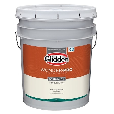Glidden Wonder-Pro Interior/Exterior Paint, Flat Sheen, Antique White, 5 gal, 400 sq-ft/gal Coverage Area GLWP30AW/05
