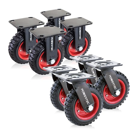 Powertec 8'' Caster Wheels 4 Swivel & 4 Fixed, Heavy Duty Casters with Rubber Knobby Tread, 8PK 17055-P2N