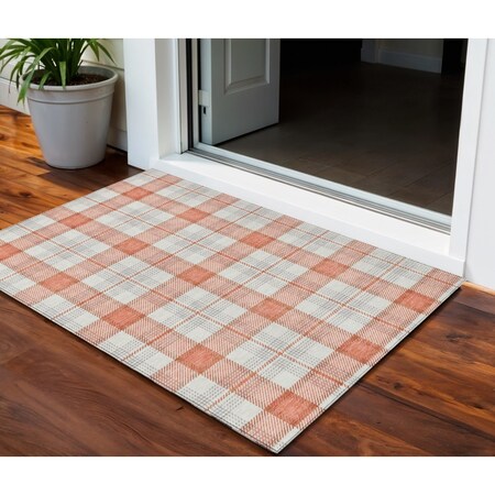 Homeroots 3' X 5' Coral And Beige Plaid Washable Indoor Outdoor Area Rug 601320