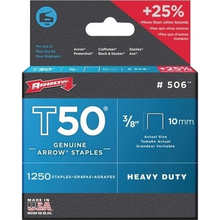 Arrow Fastener Heavy Duty Staples, Flat Crown, 3/8 in Leg L, Steel 50624