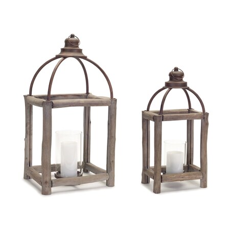 Homeroots Set of Two Natural And Gray Geometric Glass Wood And Metal Floor Lantern Candle Holders, 2PK 517574
