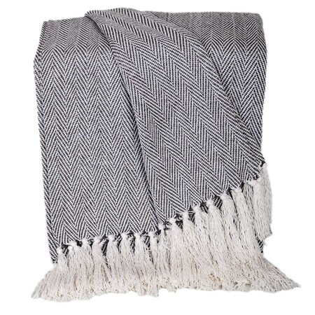 Homeroots 52" X 67" Gray and Ivory Woven Cotton Herringbone Throw Blanket with Fringe 548951