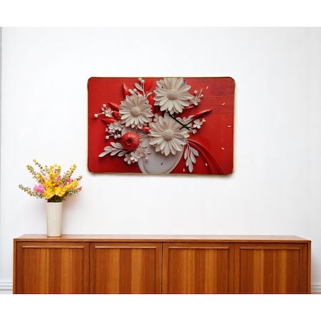 Homeroots 24" White Red And Black Solid Wood and Acrylic Silent Analog Floral Wall Clock 626573